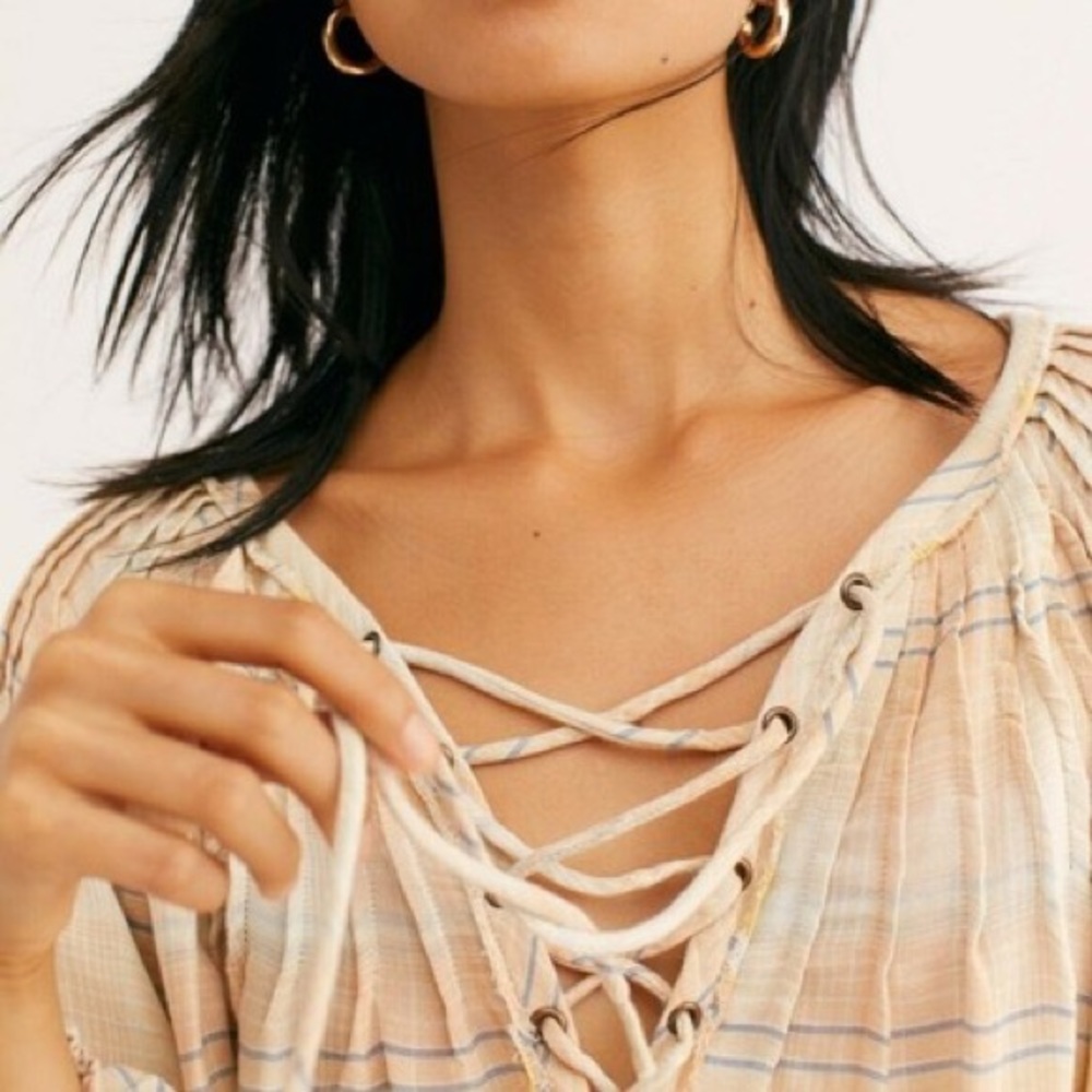 Free People We the Free White/Yellow Boho The Cloudbreaker Plaids Lace Blouse - Picture 3 of 11